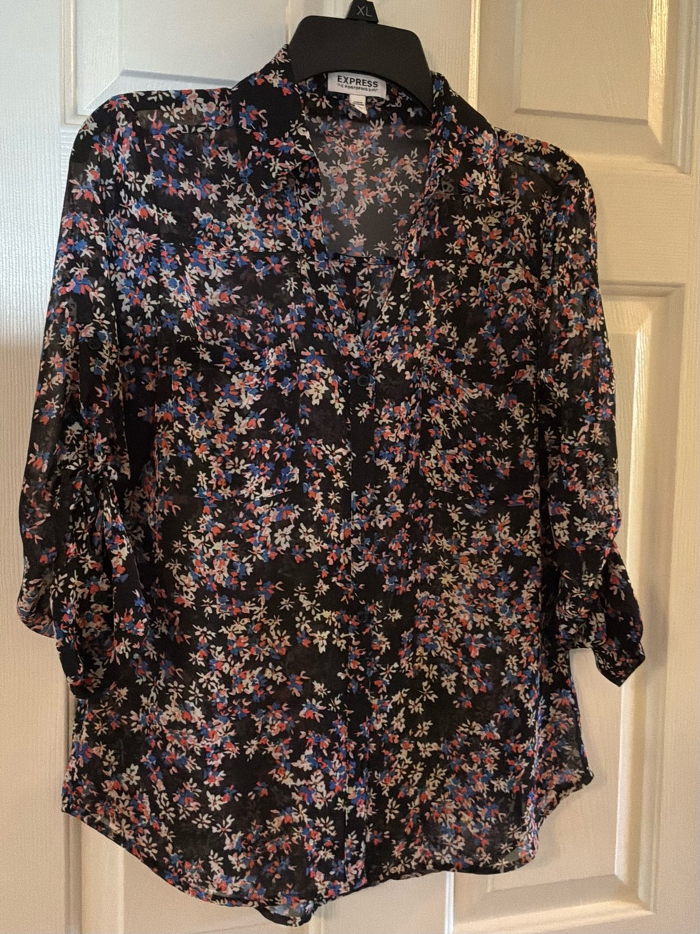 Express Black Floral Button-Up Blouse with Pink & Blue Accents